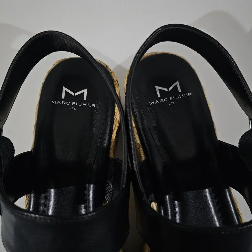 Marc Fisher LTD Patryce Platform Espadrille Sandal Size 9.5 Black Leather Raffia